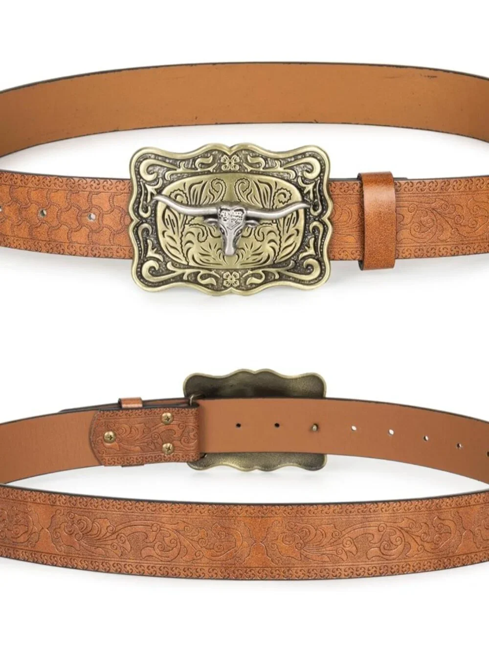 Women's Brown 2 Western Pu Leather Longhorn Bull Turquoise Embossed Buckle Belt